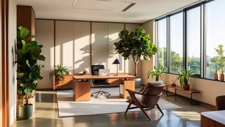 Bureau de direction dans des bureaux professionnels accueillants et élégants, avec un aménagement ouvert, des teintes douces de blanc et beige, et des matériaux naturels comme le bois pour une atmosphère apaisante.