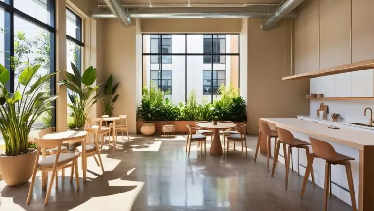 Salle de pause de bureaux professionnels accueillants et élégants, avec un aménagement ouvert, des teintes douces de blanc et beige, et des matériaux naturels comme le bois pour une atmosphère apaisante.