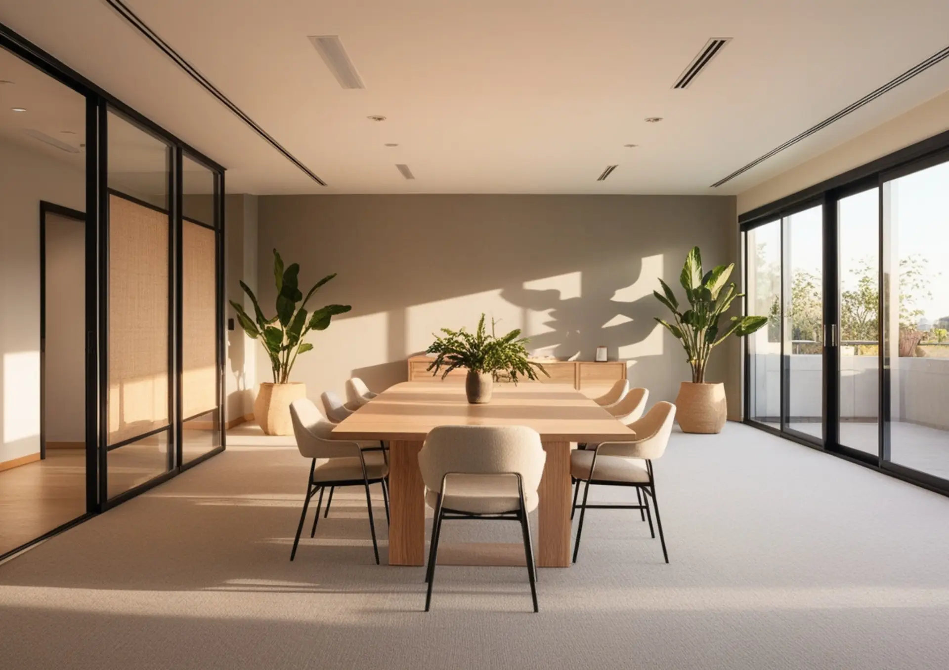 Réalisation_Salle de réunion de bureaux professionnels accueillants et élégants, avec un aménagement ouvert, des teintes douces de blanc et beige, et des matériaux naturels comme le bois pour une atmosphère apaisante.