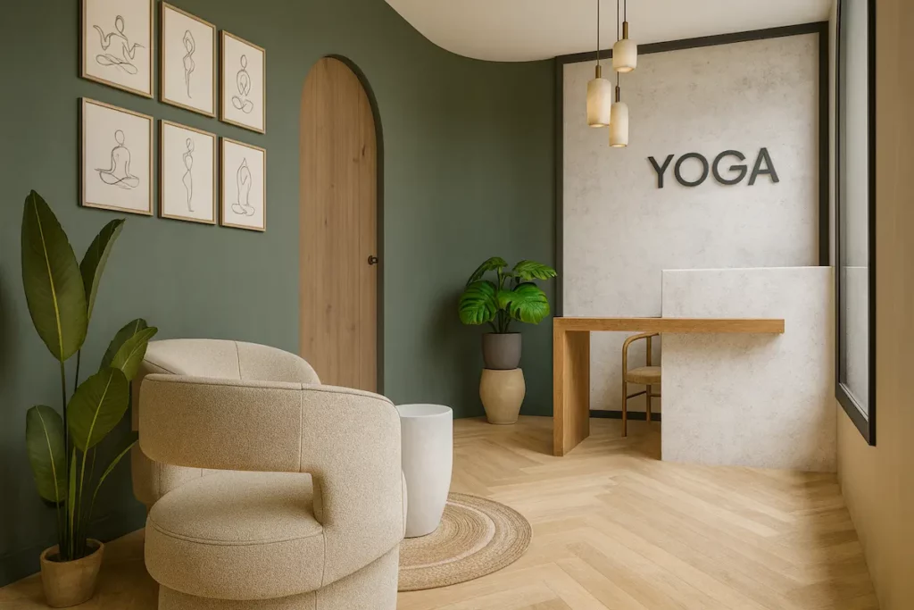 Salle d'attente d'une salle de Yoga conçu par Alula Intérieur Alpes Maritimes