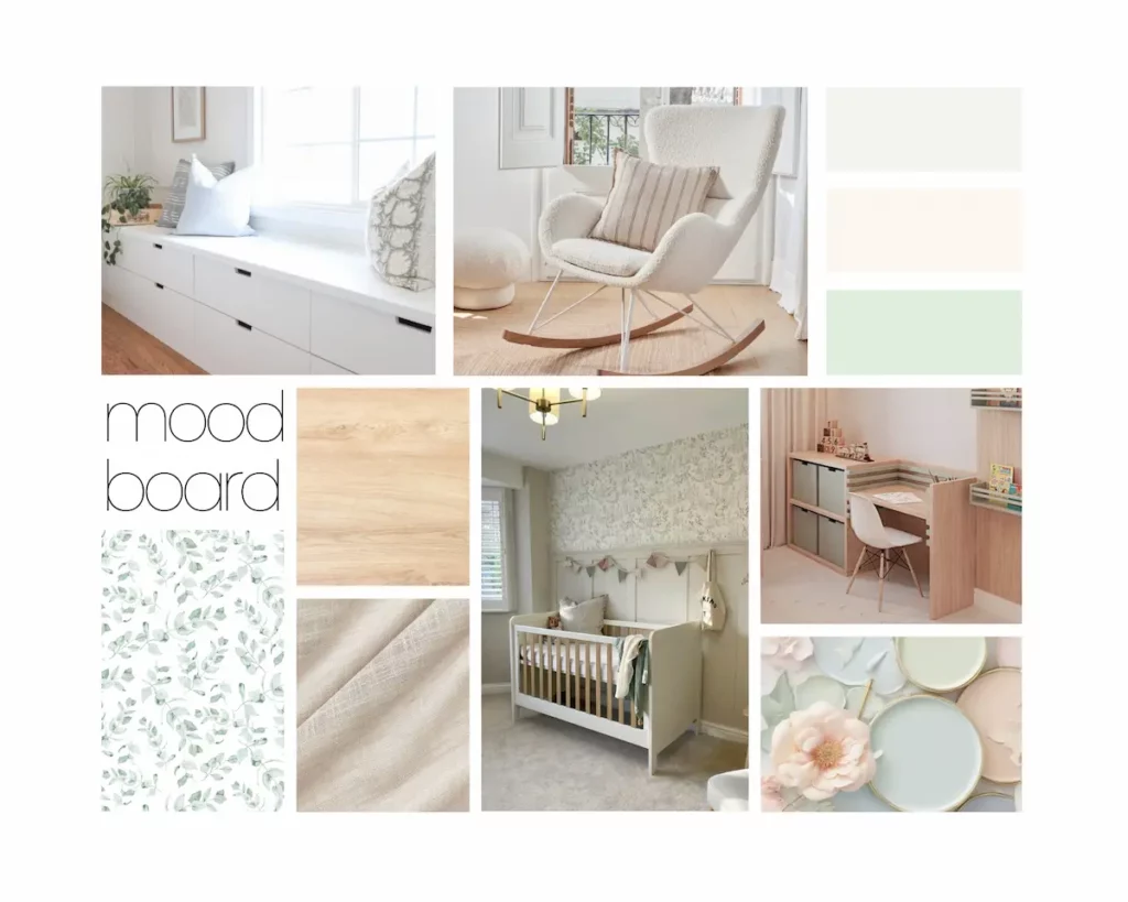 Moodboard d’inspiration pour une chambre de bébé comprenant palette vert d’eau et pêche, textures naturelles, papier peint eucalyptus, bois clair et mobilier doux et chaleureux.
