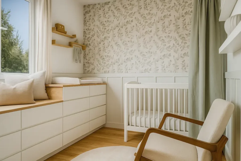 Petit espace aménagé pour un bébé avec lit à barreaux blanc, papier peint eucalyptus, rangements intégrés et soubassement en tasseaux dans une décoration douce et naturelle vert d'eau et pêche.