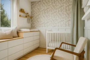 Petit espace aménagé pour un bébé avec lit à barreaux blanc, papier peint eucalyptus, rangements intégrés et soubassement en tasseaux dans une décoration douce et naturelle vert d'eau et pêche.