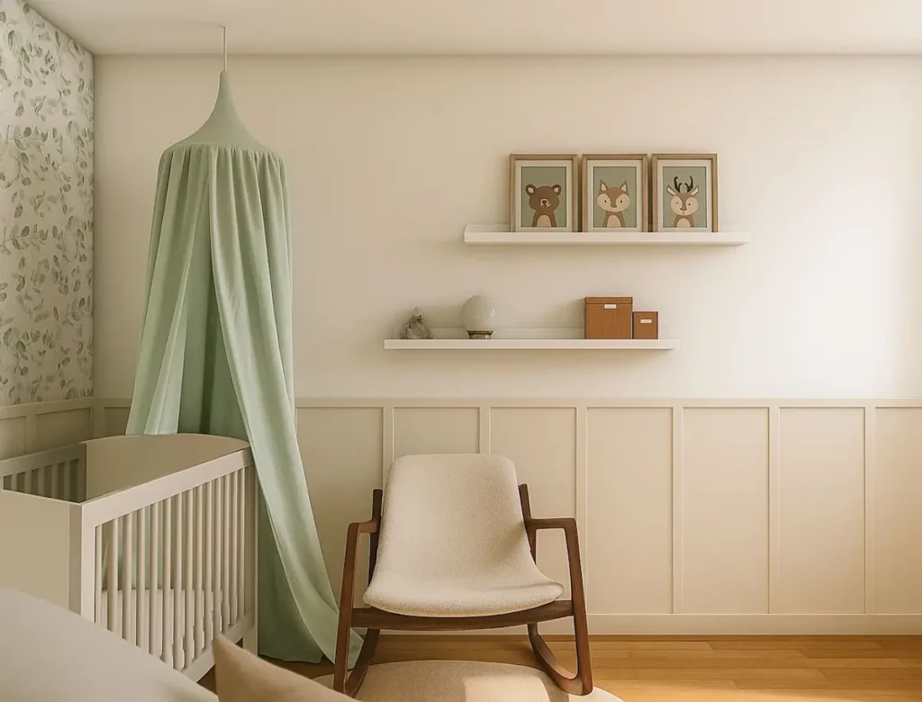 Mur décoratif doux avec ciel de lit vert sauge, lit bébé blanc, soubassement en tasseaux et étagères murales minimalistes dans une chambre apaisante aux tons naturels.
